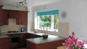 Una cocina con armarios de madera, estufa a gas, un lavamanos y una ventana con vistas a la vegetación.