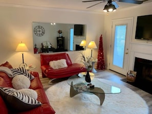 Smart TV, fireplace, video games, DVD player