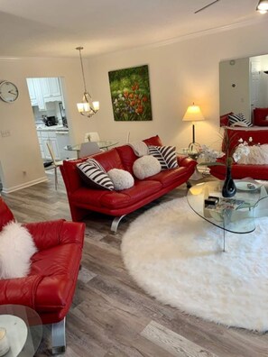 Smart TV, fireplace, video games, DVD player