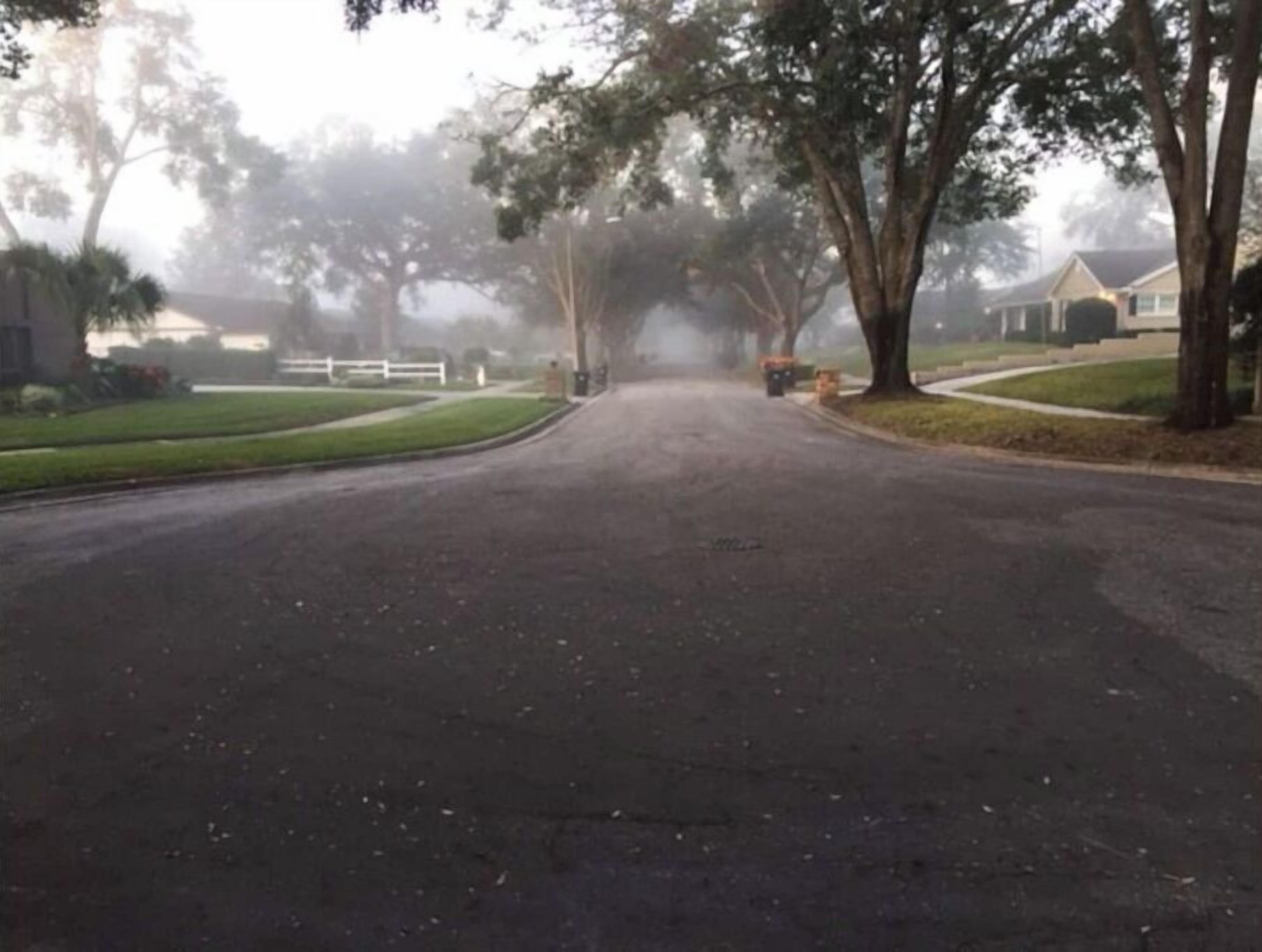 Una calle residencial cubierta de niebla, con casas a ambos lados.