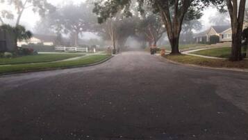 Una calle residencial cubierta de niebla, con casas a ambos lados.