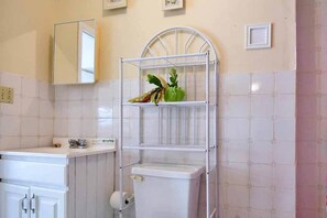 Banheira, toalhas de banho, papel higiênico 