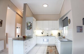 Fridge, stovetop, dishwasher, coffee/tea maker