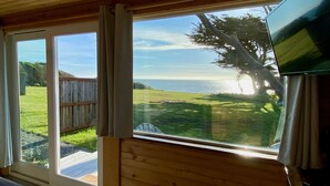 Una habitación con un ventanal grande que da a un patio cubierto de césped y una masa de agua.