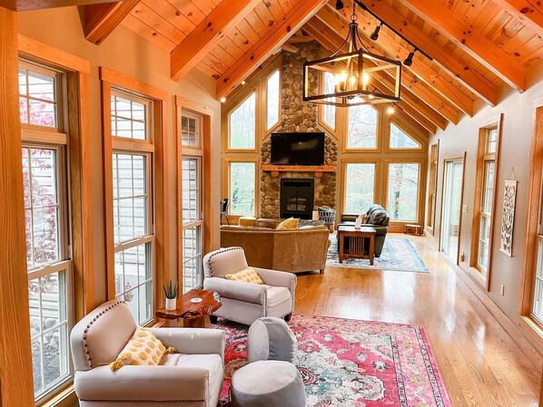 Smart TV, fireplace, video games, DVD player