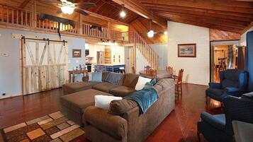 TV, fireplace, books