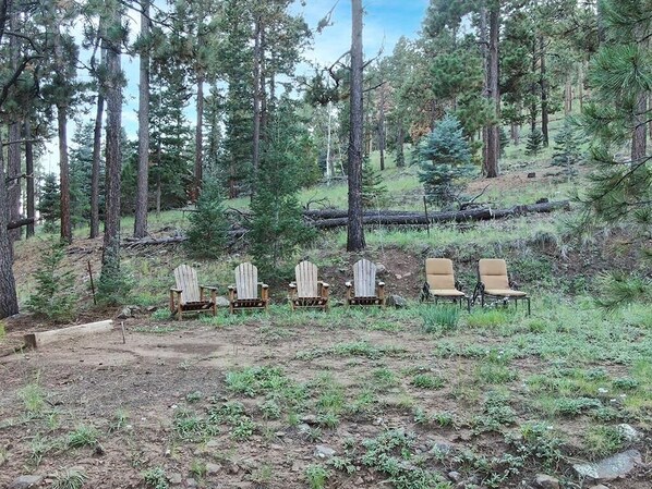 A forested area with a dirt ground and several Adirondack chairs arranged in a row. - BIg K Hideaway in Greer, AZ (Greer)