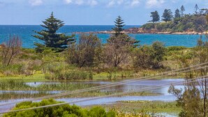 A coastal landscape with a road running through a wetland area, surrounded by trees and vegetation. - Moorhead Beach Cottage - Wallaga Lake Rd 60 (Bermagui)