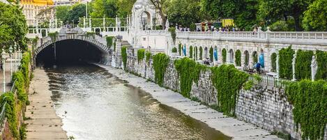 A stone bridge with a tunnel entrance, a river, and a stone wall with greenery.