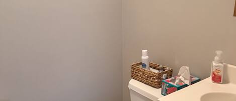 Une salle de bain avec des toilettes, un lavabo et une poubelle. On trouve des articles de toilette sur le comptoir du lavabo.
