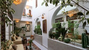Un pati interior acollidor amb un sofà, una taula de fusta i diverses plantes.