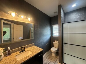 A modern bathroom with a granite countertop, a large mirror, a toilet, and a shower area.