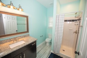 Bathtub, hair dryer, soap, toilet paper