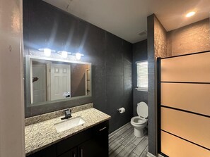 Hair dryer, towels, soap, toilet paper