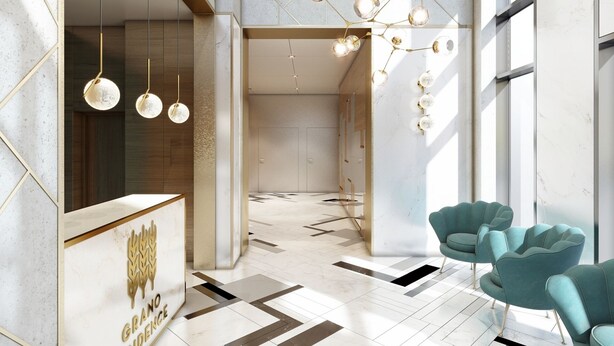 A modern lobby with a reception desk, geometric patterned floor, teal armchairs, and pendant lighting. - Apartment in the Center (Gdansk)