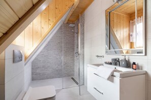 Shower, hair dryer, towels