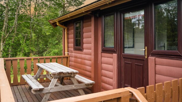 A wooden deck with a picnic table, a small building with a dark door, and a view of trees. - Snowdonia Log Cabin-sleeps 4-garden-pets (Blaenau Ffestiniog)