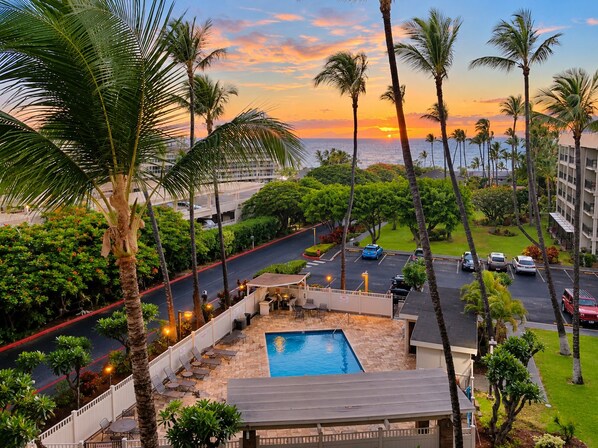 A hotel pool area with a view of the sunset and palm trees.
