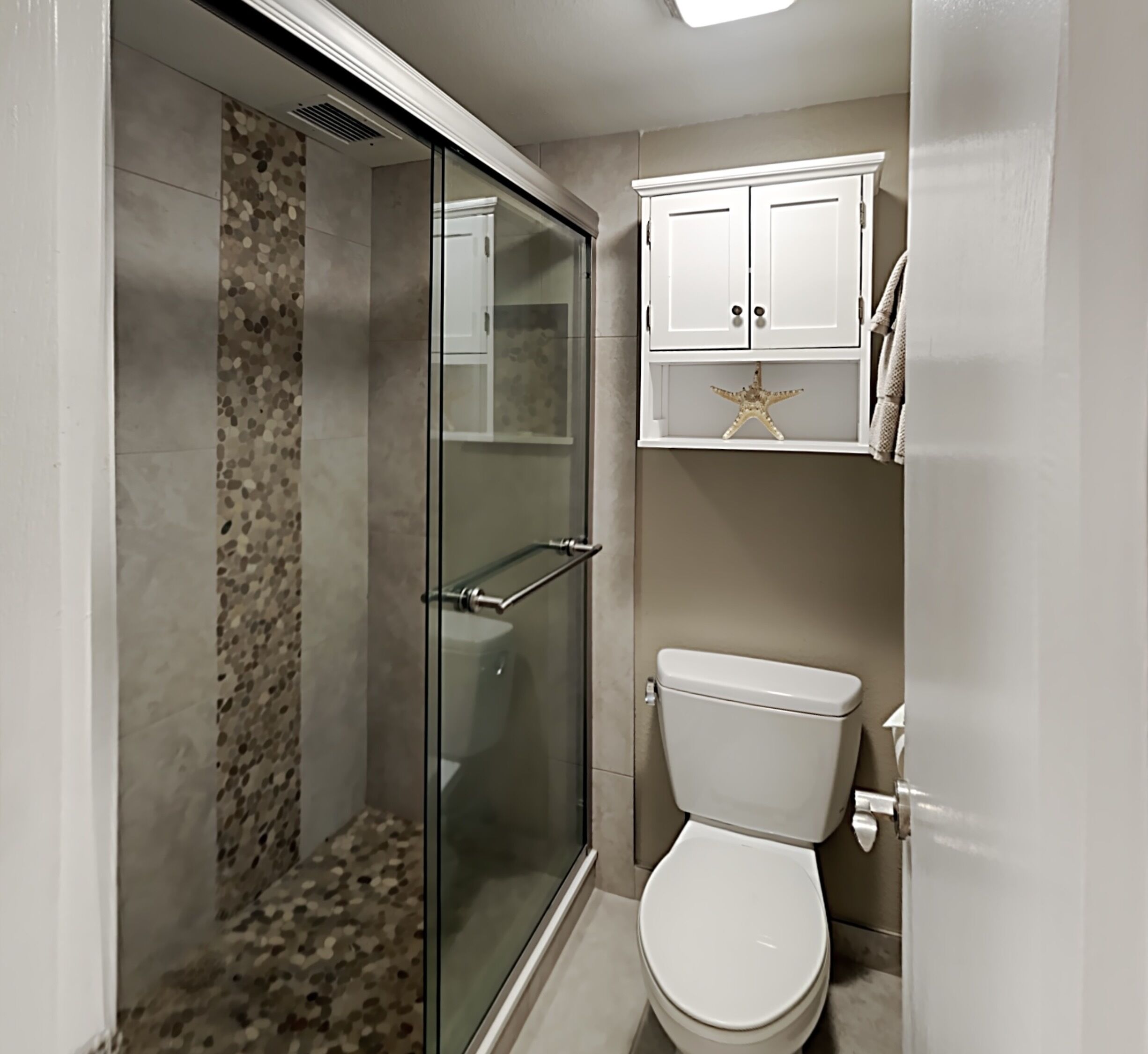 Shower, hair dryer, towels