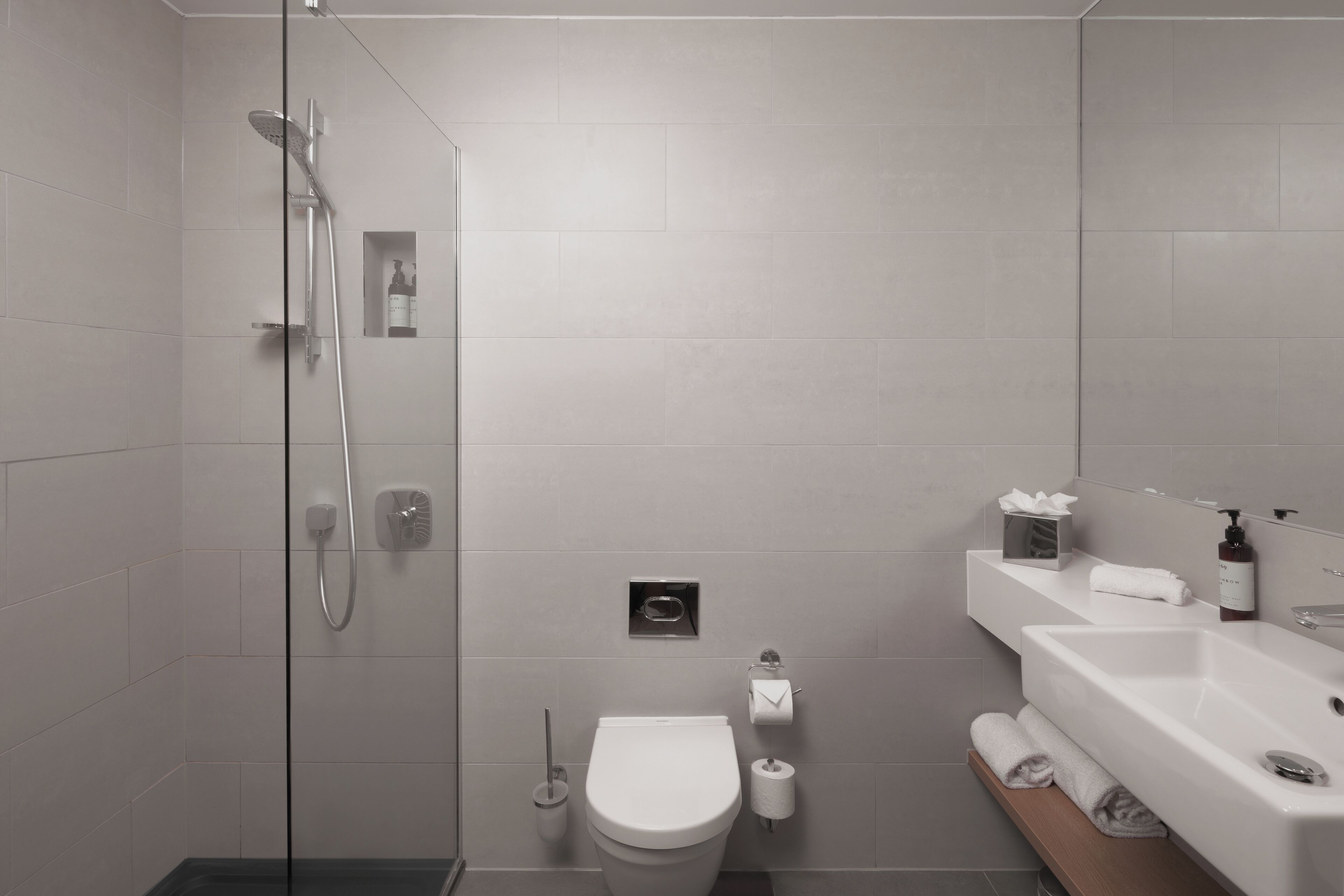 A modern bathroom with a glass shower enclosure, a toilet, a sink, and a mirror.
