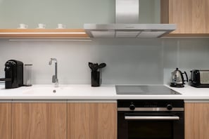 Mini-fridge, microwave, espresso maker, coffee/tea maker