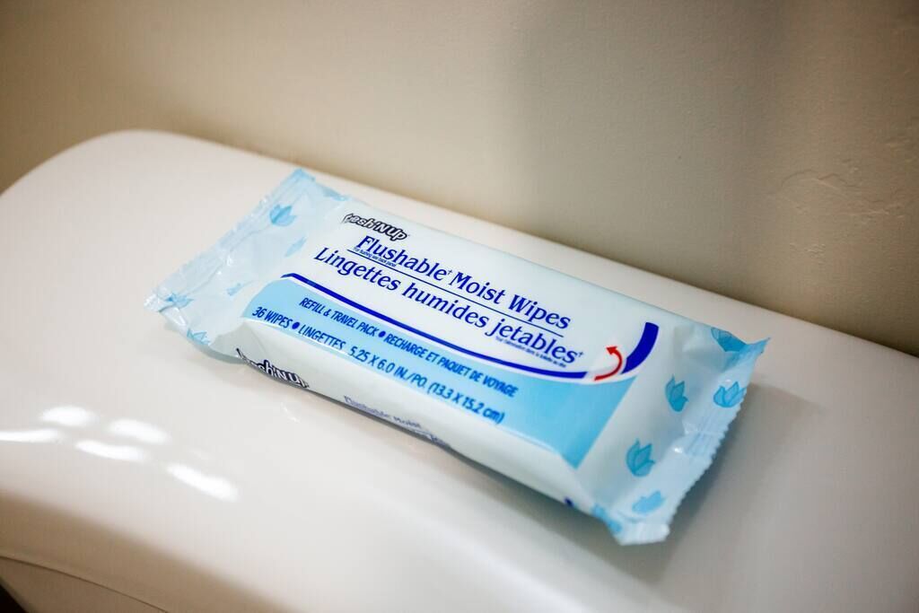 A package of Flushable Moist Wipes on a white surface.