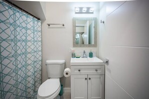 Shower, hair dryer, towels, shampoo