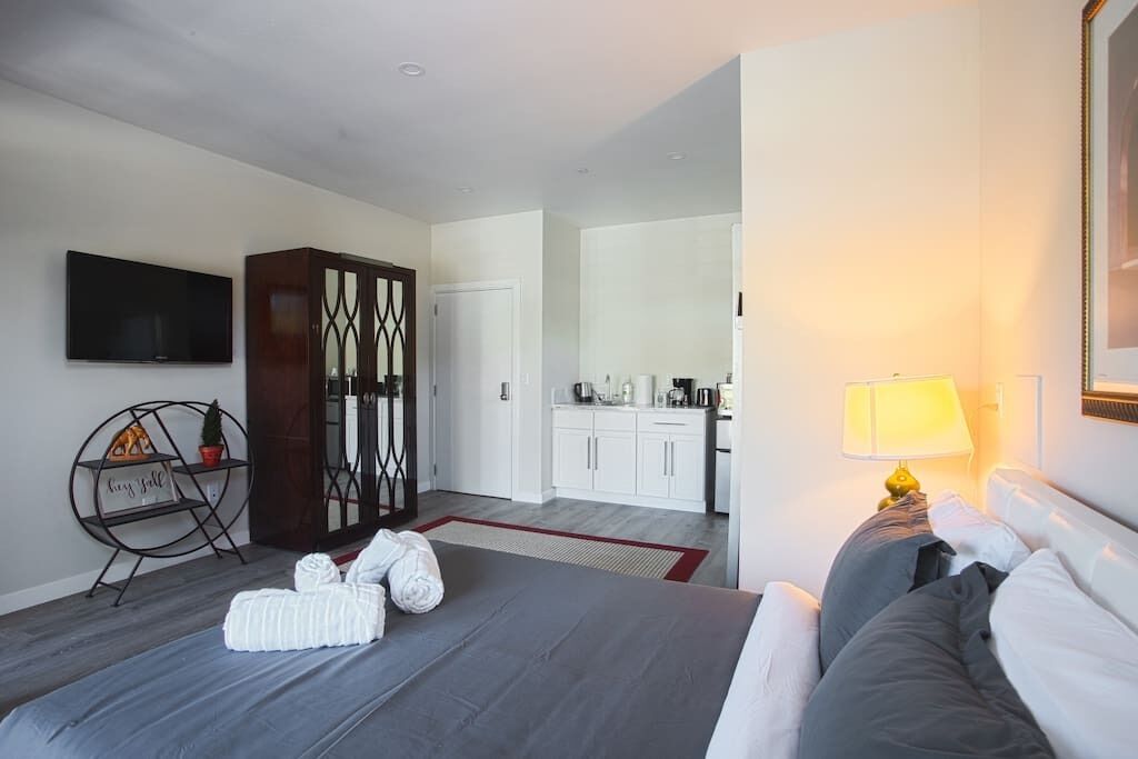 Una habitación de hotel con cama, televisión, armario, escritorio y zona de cocina.