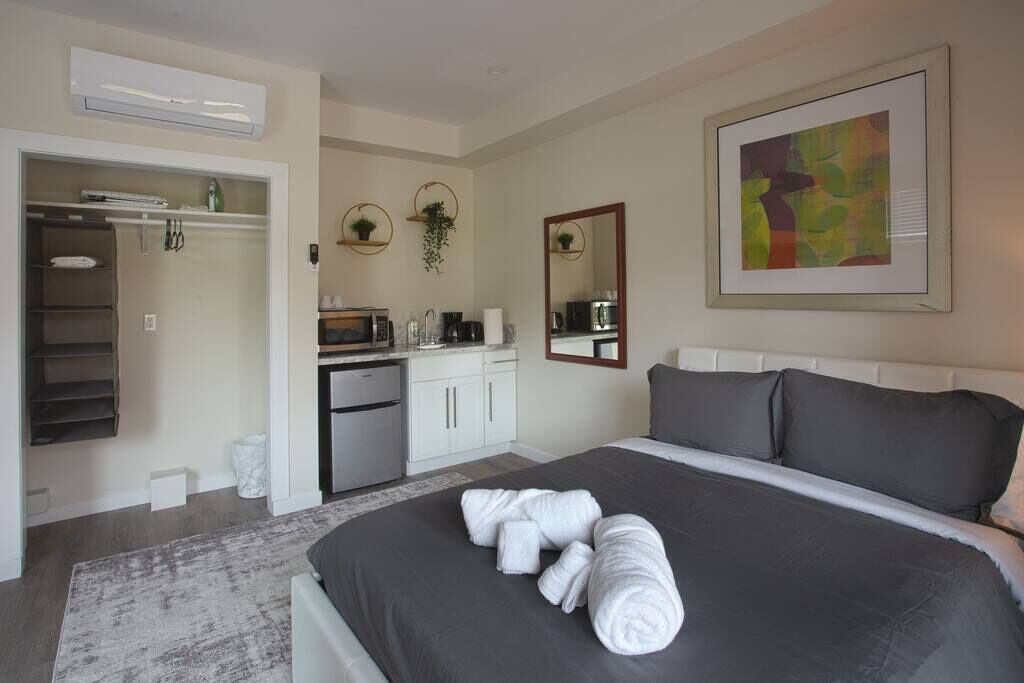 Una habitación de hotel con cama, escritorio, microondas y armario.
