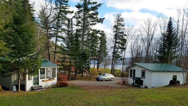 Une cabane surmontée d’un toit végétalisé, entourée de grands arbres et offrant une vue sur un lac.