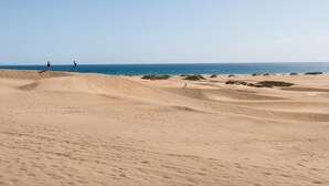 Paisaje desértico con dunas de arena y cielo despejado.