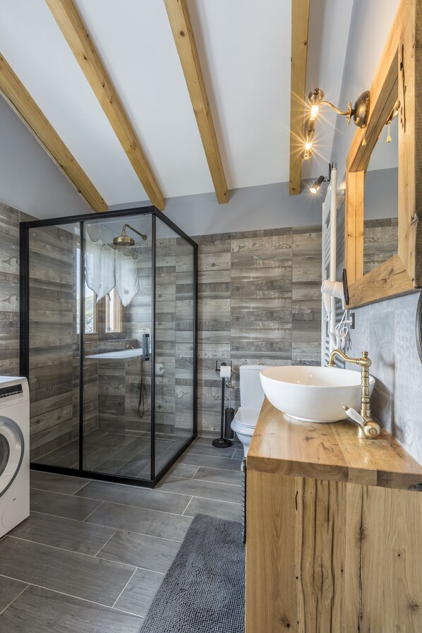 Shower, hair dryer, bidet, towels