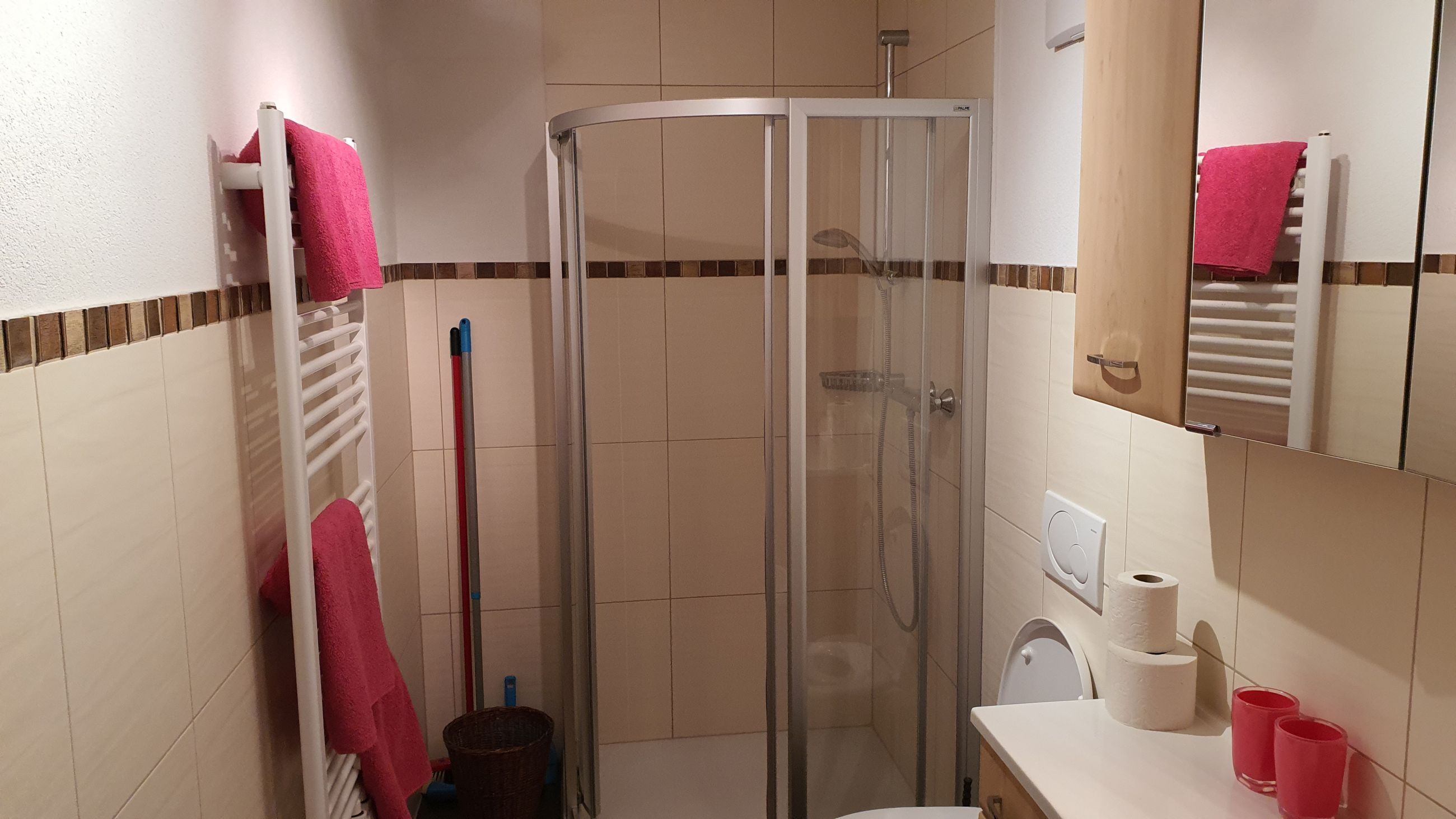 A bathroom with a glass shower enclosure, a white sink with a mirror, and a towel rack with red towels.