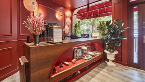 Un comptoir d’accueil aux couleurs rouge et blanc, une grande plante en pot et une fenêtre donnant sur des arbres.