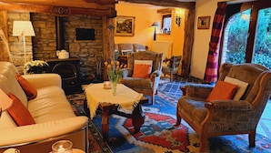 Un salon chaleureux avec une cheminée en pierre, des fauteuils confortables, un tapis aux couleurs vives et une vue dégagée sur l’extérieur grâce à une grande fenêtre.