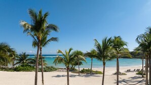 Una playa con palmeras, una hamaca y una orilla arenosa.