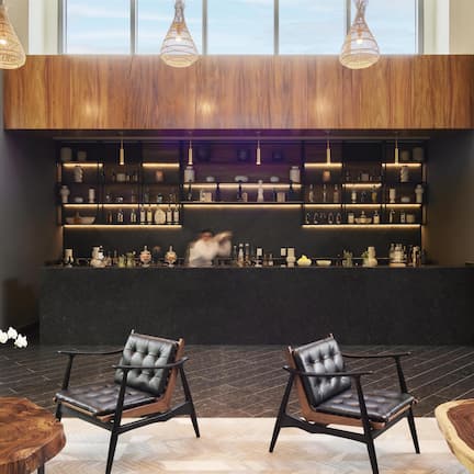 A modern bar area with wooden paneling, shelves of bottles, and two leather chairs.