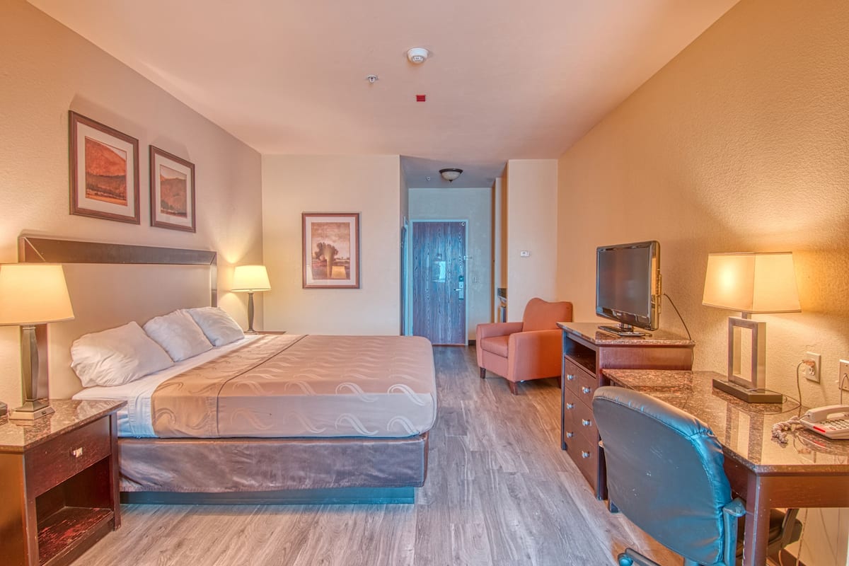 Una habitación de hotel con cama, escritorio, silla, televisor y dos lámparas.