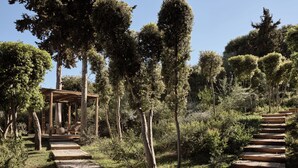 A wooden pergola with seating, surrounded by a forested area with a gravel path leading up to it. - Sentiero Iconic Villa, a Serene Retreat (Zakynthos)