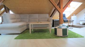 Smart-TV, Kamin, Bücher, Stereoanlage