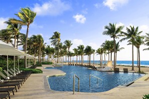 On the beach, white sand, sun loungers, beach umbrellas