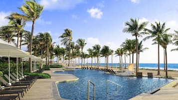 On the beach, white sand, sun loungers, beach umbrellas