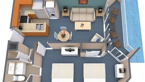 A 2-bedroom suite with a kitchenette, a dining area, a living room, a balcony, and a bathroom.