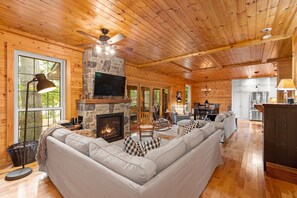 Älytelevisio, takka, DVD-soitin, kirjoja