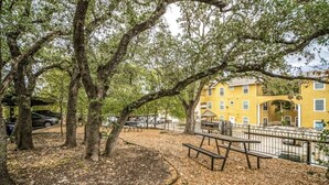A park with trees, a picnic table, and a yellow building in the background.