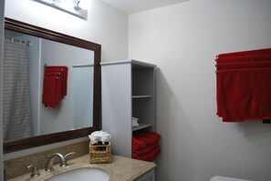 Baignoire, sèche-cheveux, serviettes fournies, savon