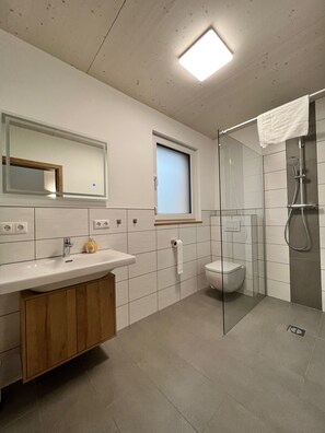Regadera, secadora de cabello, toallas, papel de baño 