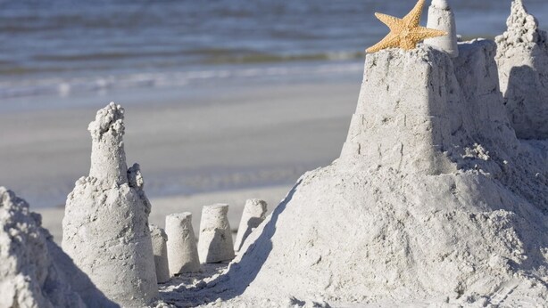 Hiekkalinna, jonka päällä on meritähti, sijaitsee rannalla, ja taustalla näkyy valtameri.