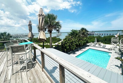 Waterfront Home w/Heated Pool, Rooftop Deck, Large Primary Suite, Great Location