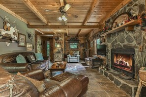 Smart TV, fireplace, DVD player, books - Rustic Cabin trout fishing, dog loving, beach area on secluded 8.5 acres! 001504 (Ellijay)